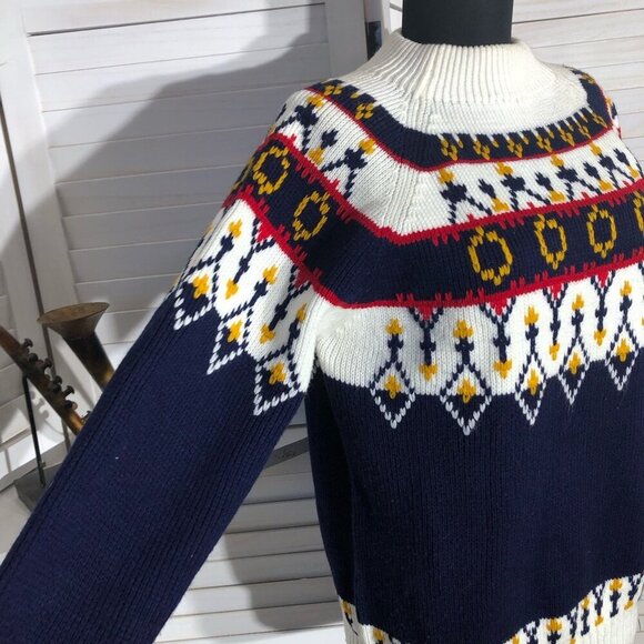 Vintage 90s JCPenney Fair Isle Ski Sweater Mock Neck Navy White Medium - Picture 7 of 11